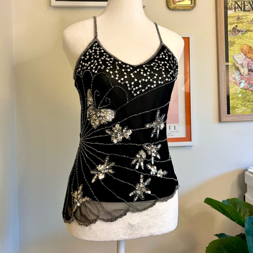 Y2K butterfly beaded and sequin black and silver asymmetrical tank
